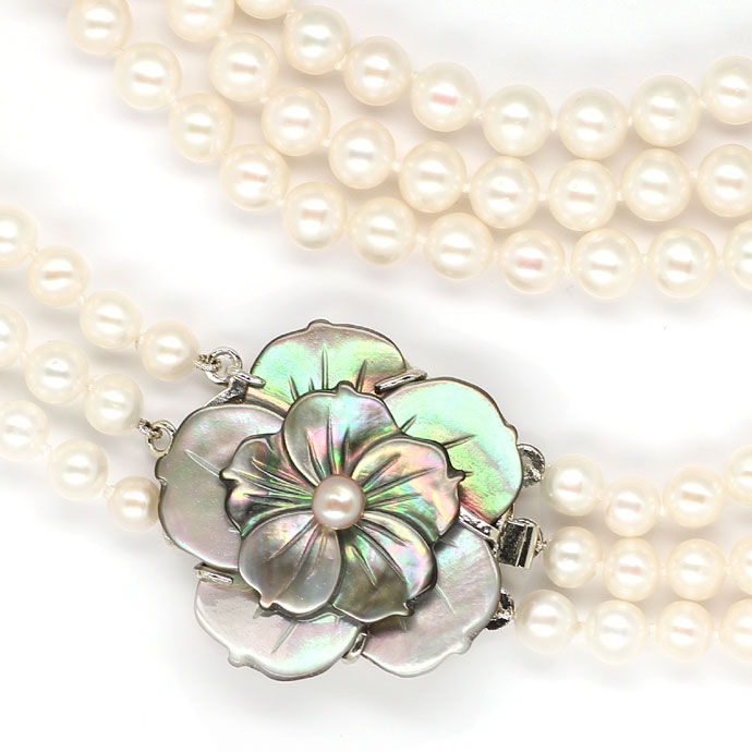 Foto 2 - 3-Reihen Perlen Collier Riesen Perlmutt Blüte, R9092