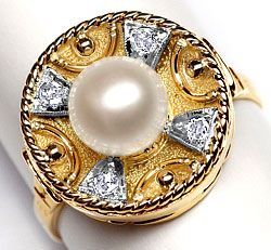 Foto 1 - Antiker Rosen Diamanten-Ring Zucht Perle Handarbeit 18K, S3991